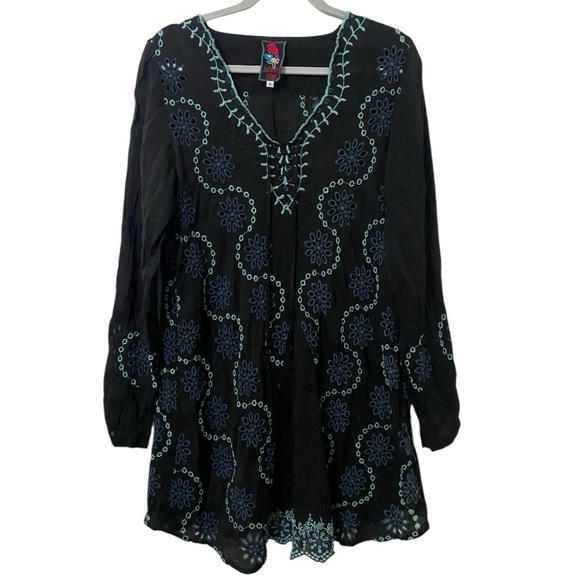 Johnny Was Tops - Johnny Was Elegant Black Blue Embroidered Eyelet Detailing Boho Chic Tunic